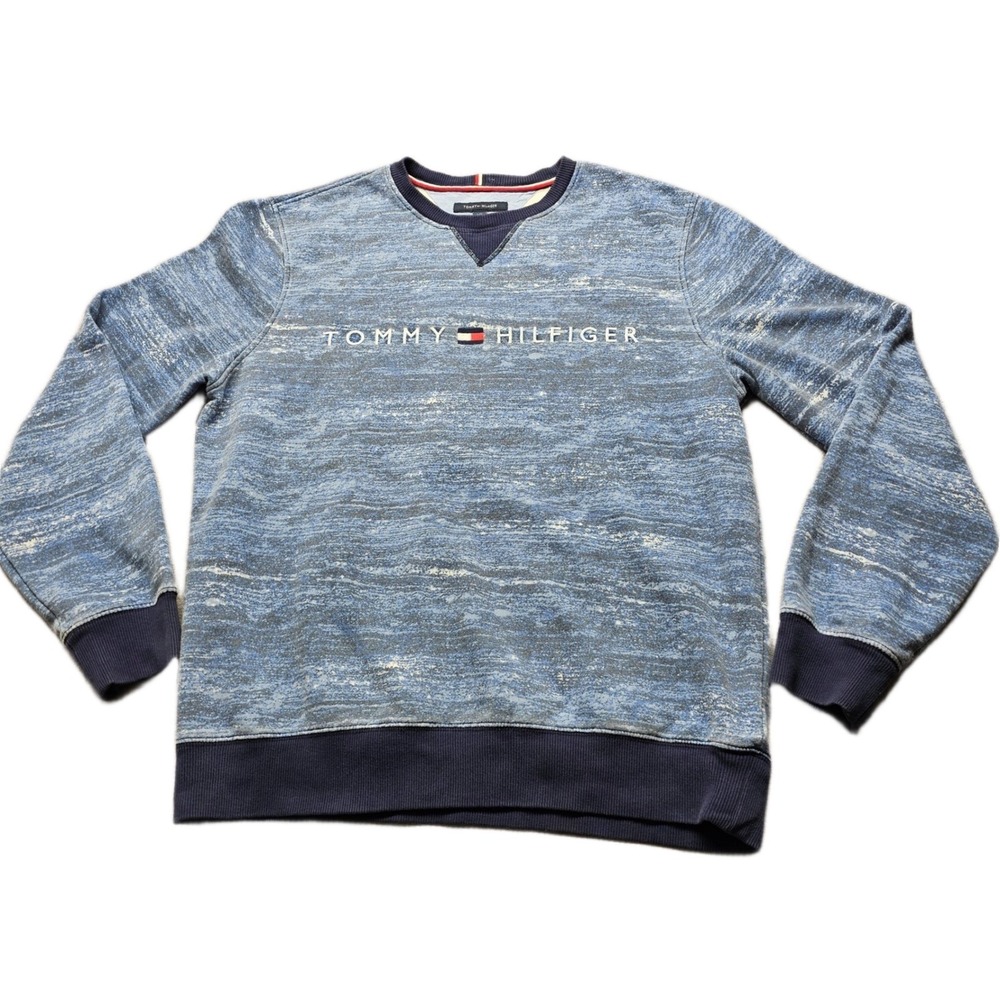 Tommy Hilfiger Sweatshirt Mens L Blue Space Dye Fleece Lined Embroidered Logo‎